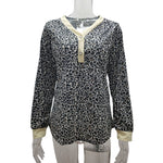 YESFASHION V-neck Button Print Stitching Long-sleeved T-shirt Tops