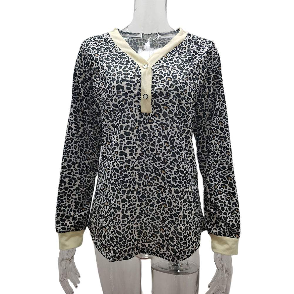 YESFASHION V-neck Button Print Stitching Long-sleeved T-shirt Tops