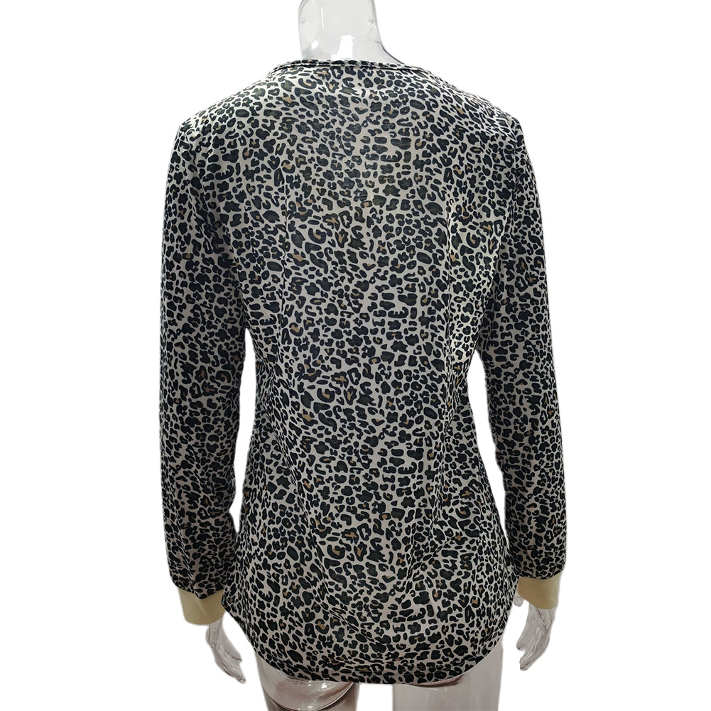 YESFASHION V-neck Button Print Stitching Long-sleeved T-shirt Tops