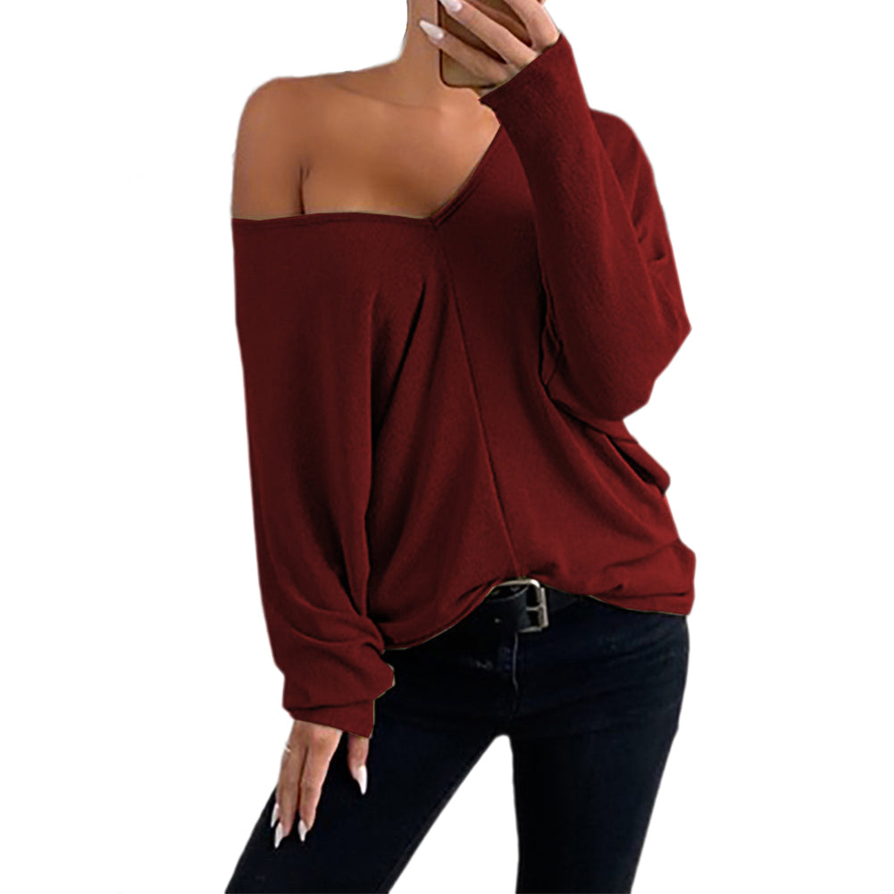 YESFASHION Large V Neck Drop Loose Long Sleeve Tops T-shirt