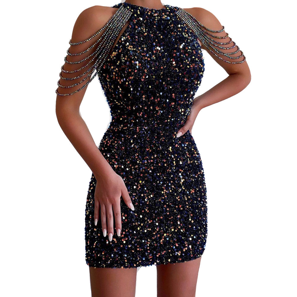 YESFASHION Halter Neck Strapless Crystal Tassel Splicing Sequin Dress