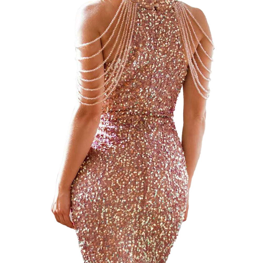 YESFASHION Halter Neck Strapless Crystal Tassel Splicing Sequin Dress