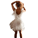 YESFASHION Sexy Deep V Sleeveless Pencil Skirt Fringed Skirt