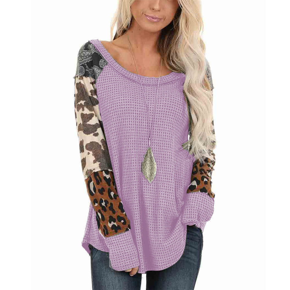 YESFASHION Waffle Print Panel Pullover Round Neck T-shirt Tops