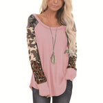 YESFASHION Waffle Print Panel Pullover Round Neck T-shirt Tops