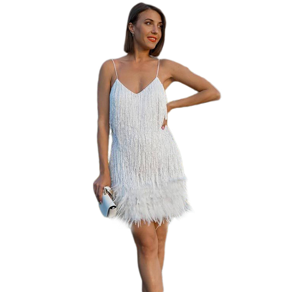YESFASHION Fringed Feather Sexy V-neck Suspender Dress