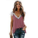 YESFASHION Fiber Loose Casual Lace Stitching V-neck Tops
