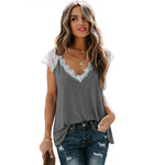 YESFASHION Fiber Loose Casual Lace Stitching V-neck Tops