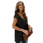 YESFASHION Fiber Loose Casual Lace Stitching V-neck Tops