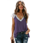 YESFASHION Fiber Loose Casual Lace Stitching V-neck Tops