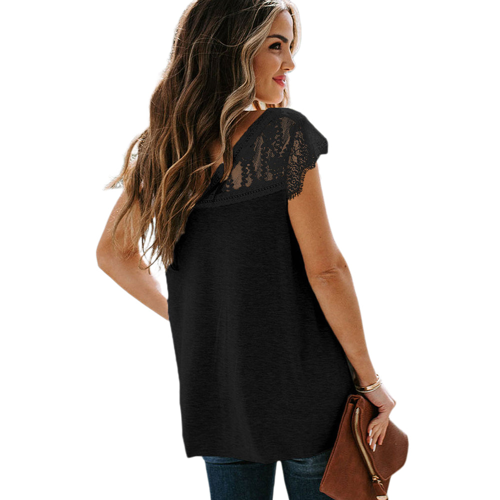 YESFASHION Fiber Loose Casual Lace Stitching V-neck Tops