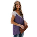 YESFASHION Fiber Loose Casual Lace Stitching V-neck Tops