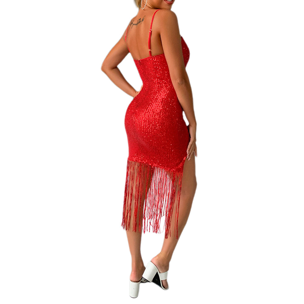 YESFASHION Summer Sexy Dress V-neck Tassel Suspender Skirt Dress