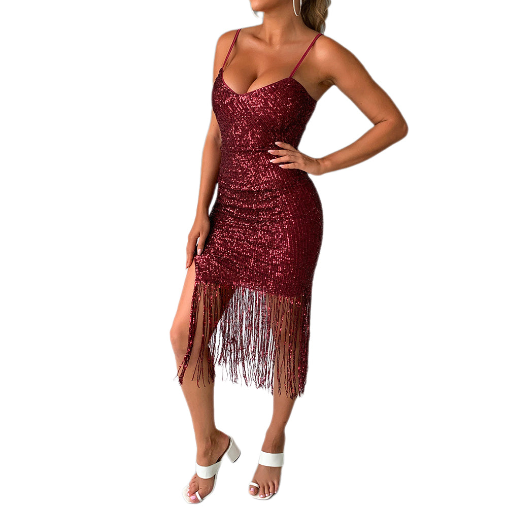 YESFASHION Summer Sexy Dress V-neck Tassel Suspender Skirt Dress