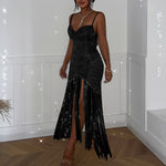 YESFASHION New Sequin Fringe Hem Dress Chest Double Layer Long Skirt