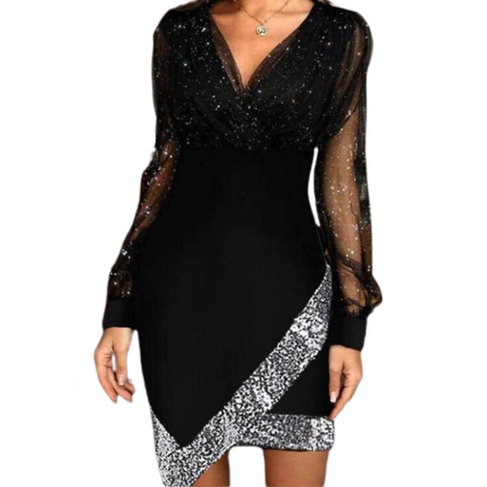 YESFASHION Mesh Sequin Splicing Character Dress