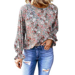 YESFASHION Floral Round Neck Shirt Women Balloon Sleeve Tops
