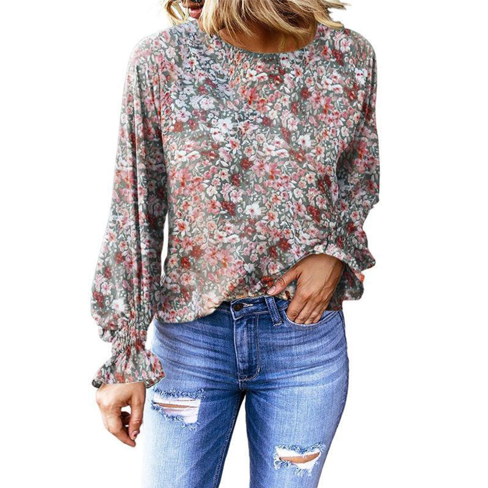 YESFASHION Floral Round Neck Shirt Women Balloon Sleeve Tops