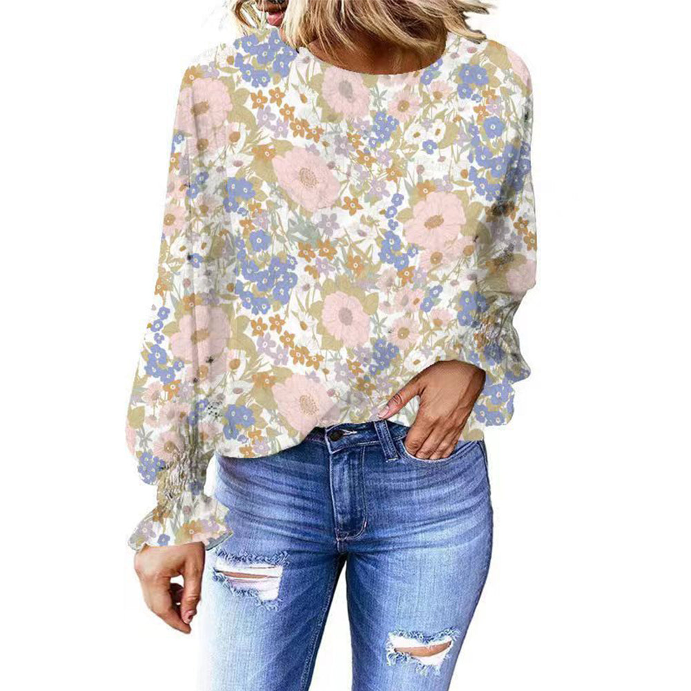 YESFASHION Floral Round Neck Shirt Women Balloon Sleeve Tops