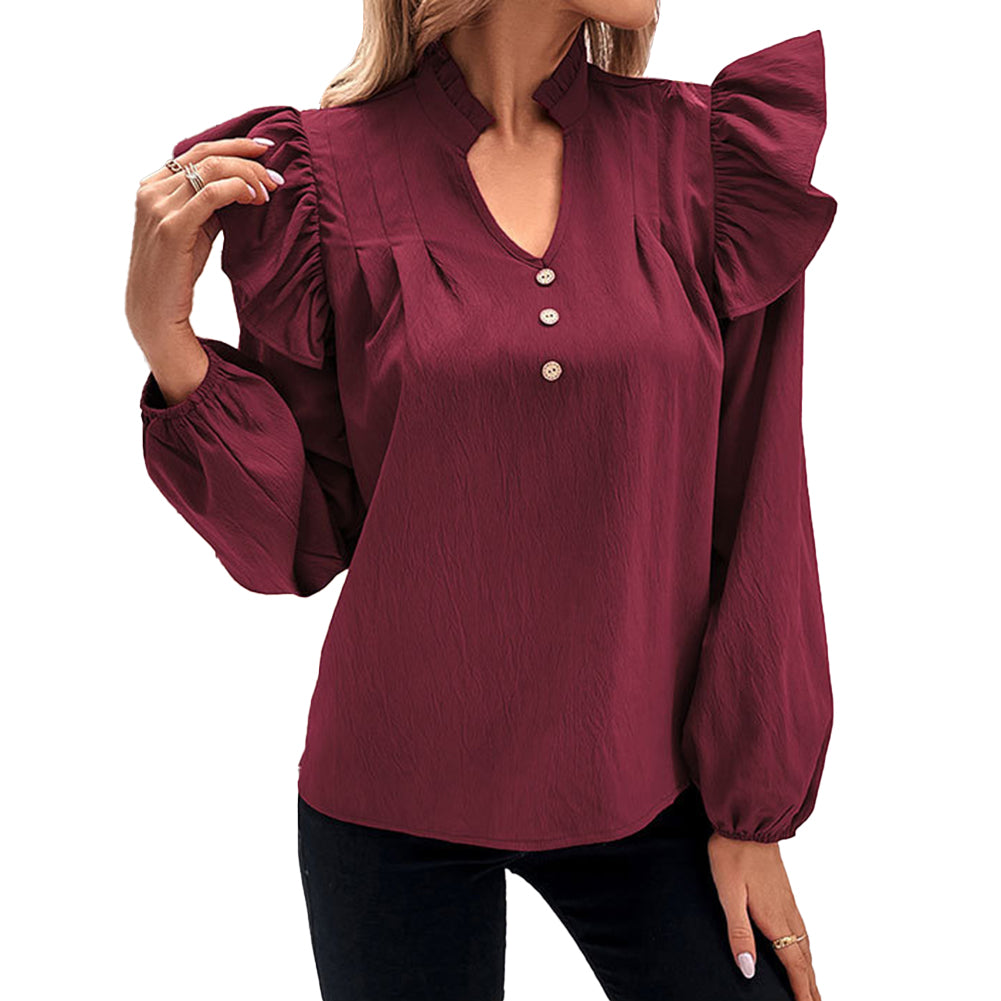 YESFASHION Women Clothing Tops Long-sleeved Solid Color Shirt