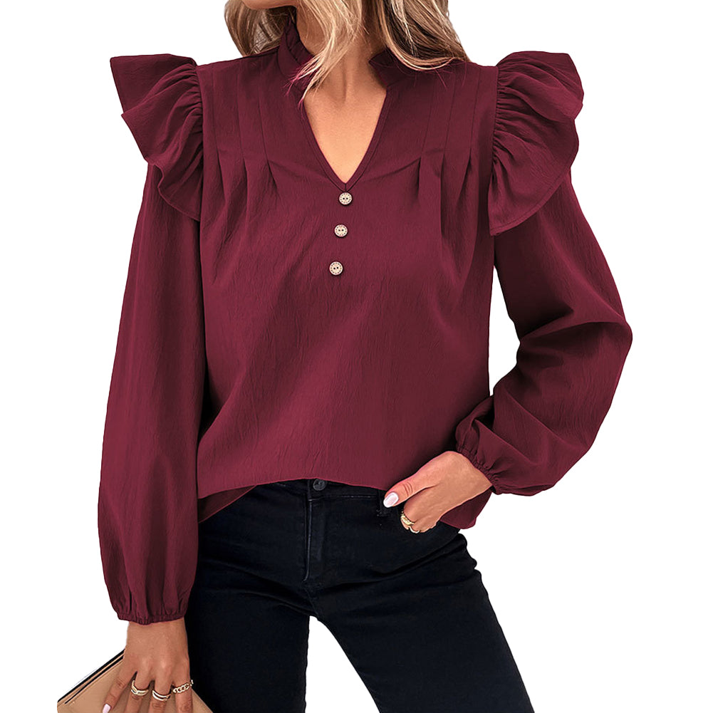 YESFASHION Women Clothing Tops Long-sleeved Solid Color Shirt