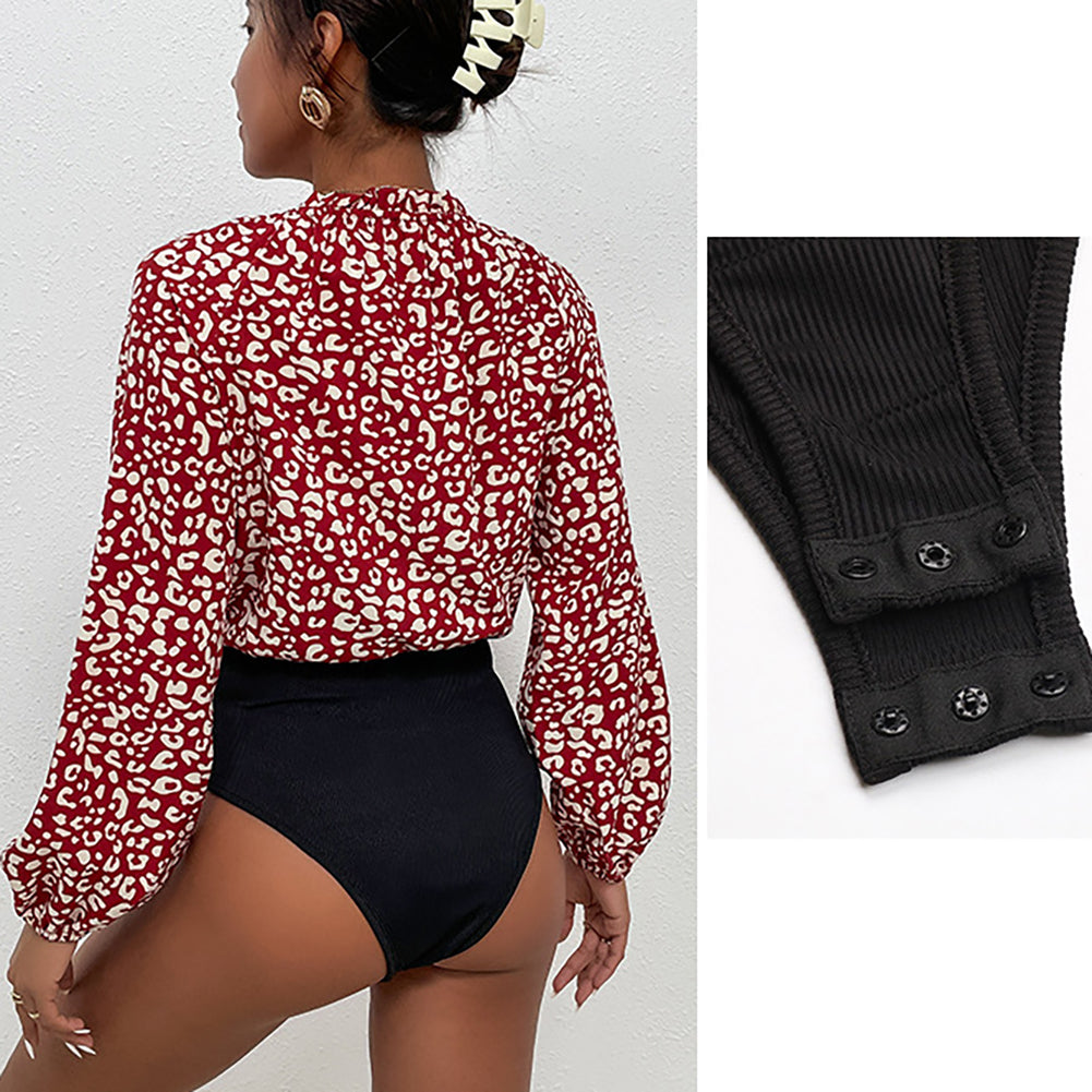 YESFASHION Women New Mosaic Leopard Print Long-sleeved Jumpsuit