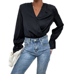 YESFASHION Women Spring New Black Long-sleeved Tight Tops