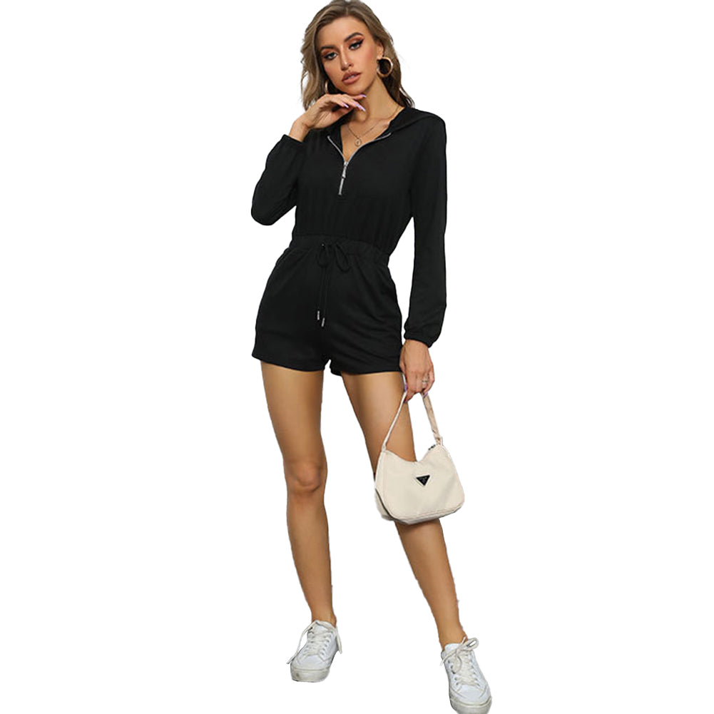 YESFASHION Women Spring New Black Hooded Long-sleeved Jumpsuit