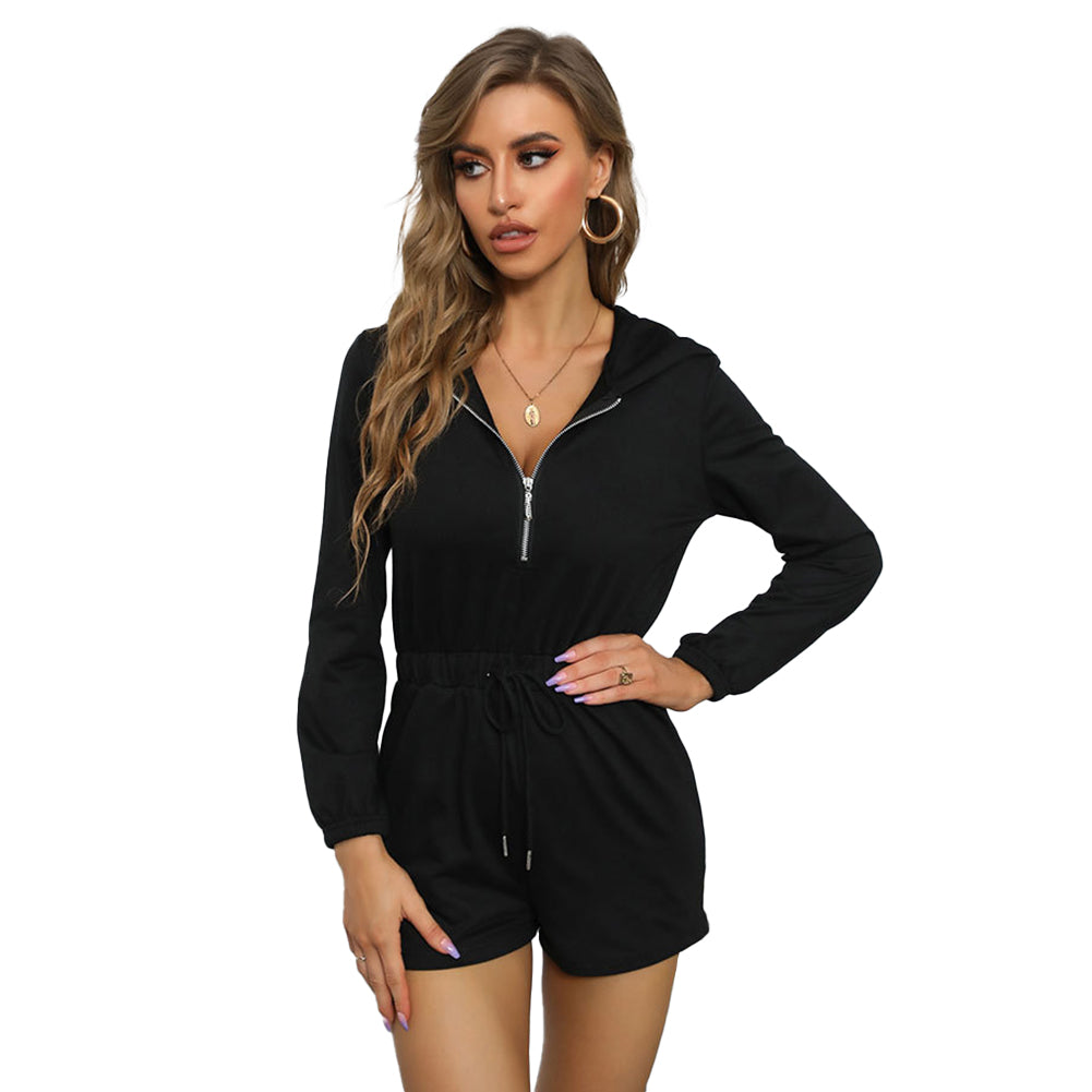 YESFASHION Women Spring New Black Hooded Long-sleeved Jumpsuit