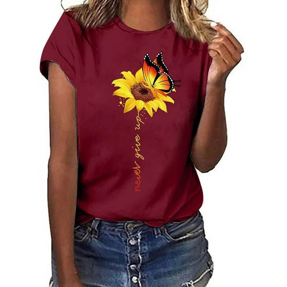 YESFASHION Sunflower Print Short-sleeved Tops Casual T-shirt