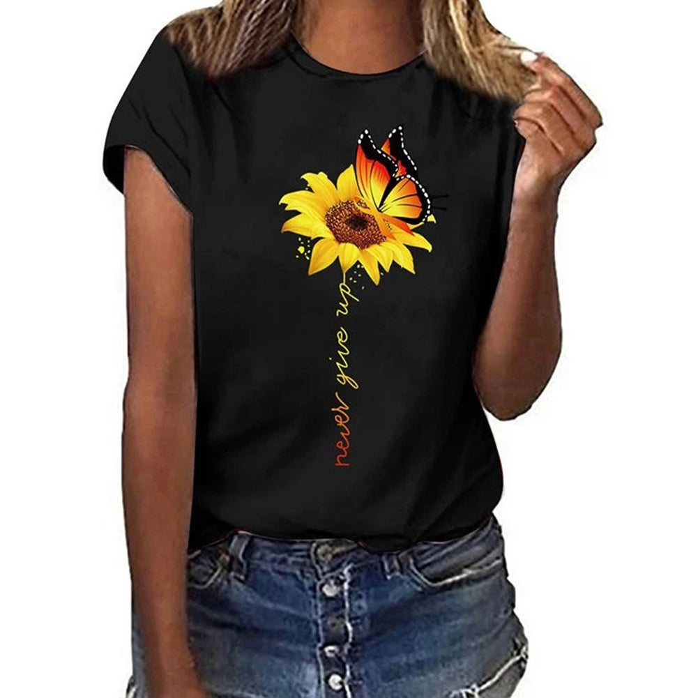 YESFASHION Sunflower Print Short-sleeved Tops Casual T-shirt