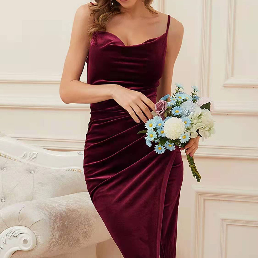 YESFASHION Women Color Slim Fit Pleated Velvet Suspender Dress