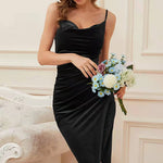 YESFASHION Women Color Slim Fit Pleated Velvet Suspender Dress