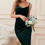 YESFASHION Women Color Slim Fit Pleated Velvet Suspender Dress