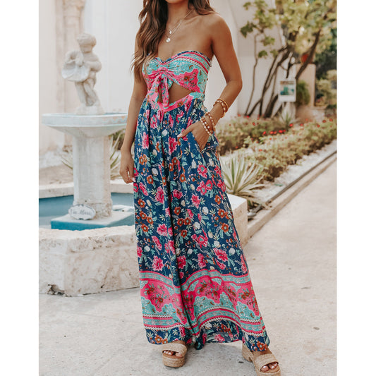 YESFASHION Wrap Chest Women Digital Printing Sexy Beach Jumpsuit