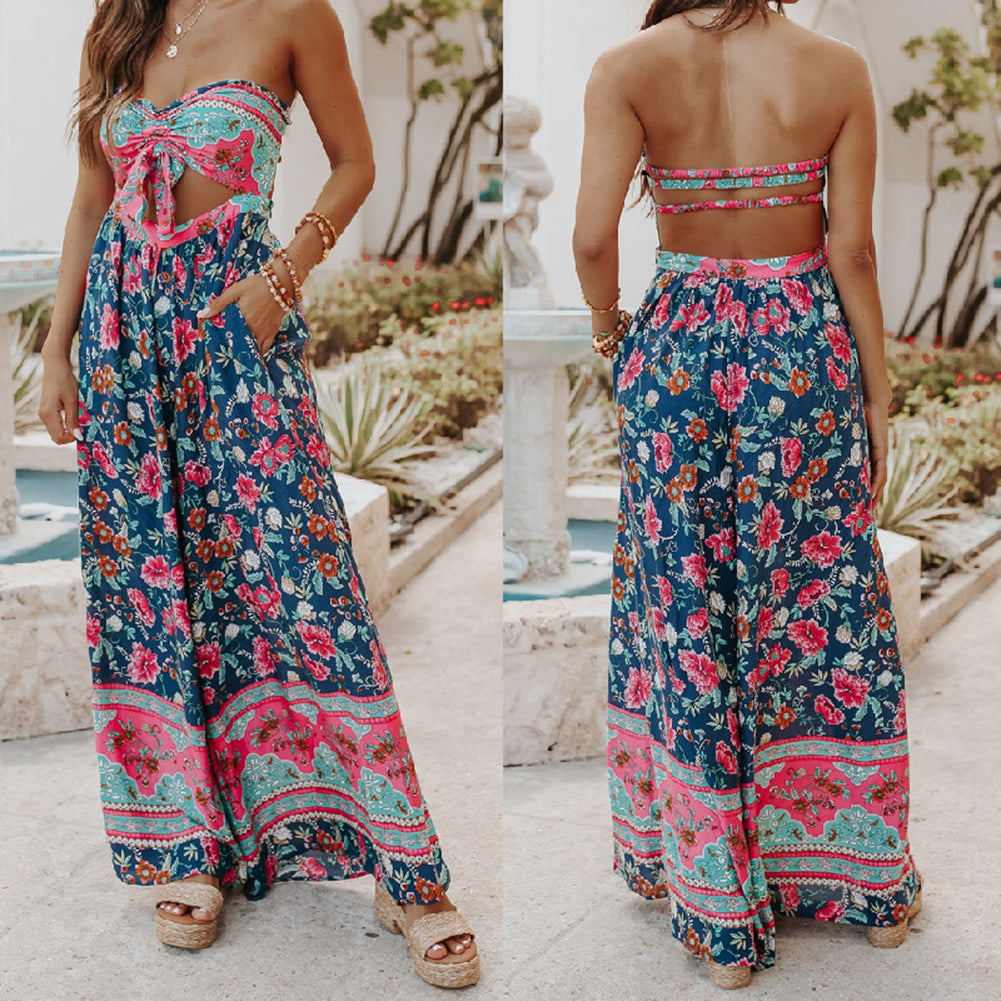 YESFASHION Wrap Chest Women Digital Printing Sexy Beach Jumpsuit