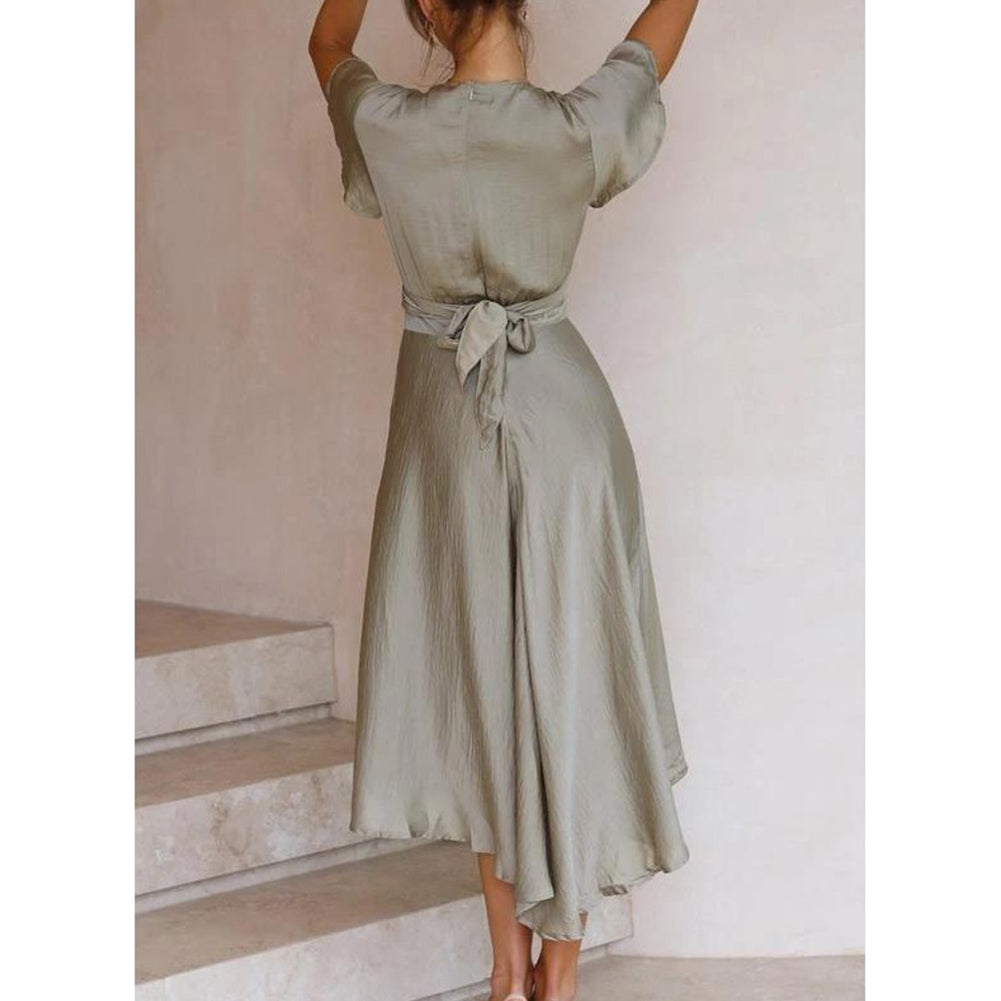 YESFASHION Women Short-sleeved V-neck Irregular Skirt Dress