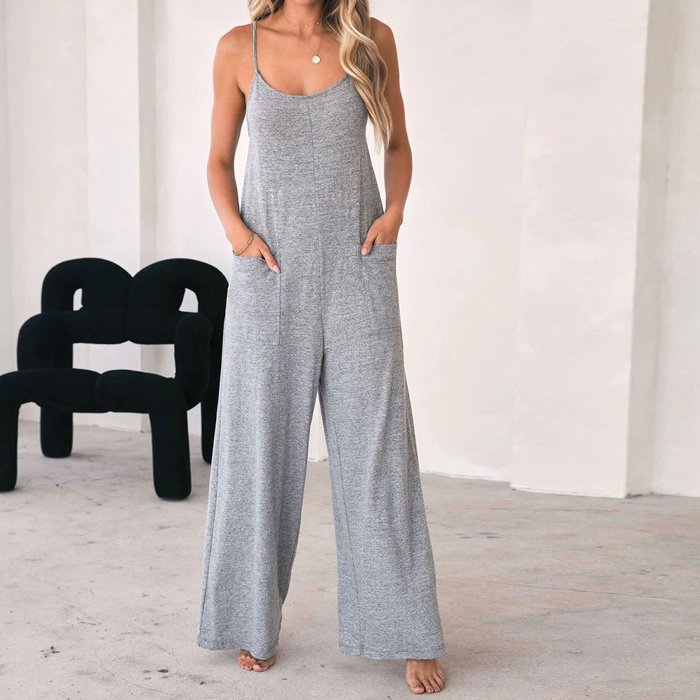 YESFASHION Women Collage Pocket Jumpsuit Mid Rise Loose Casual Pants