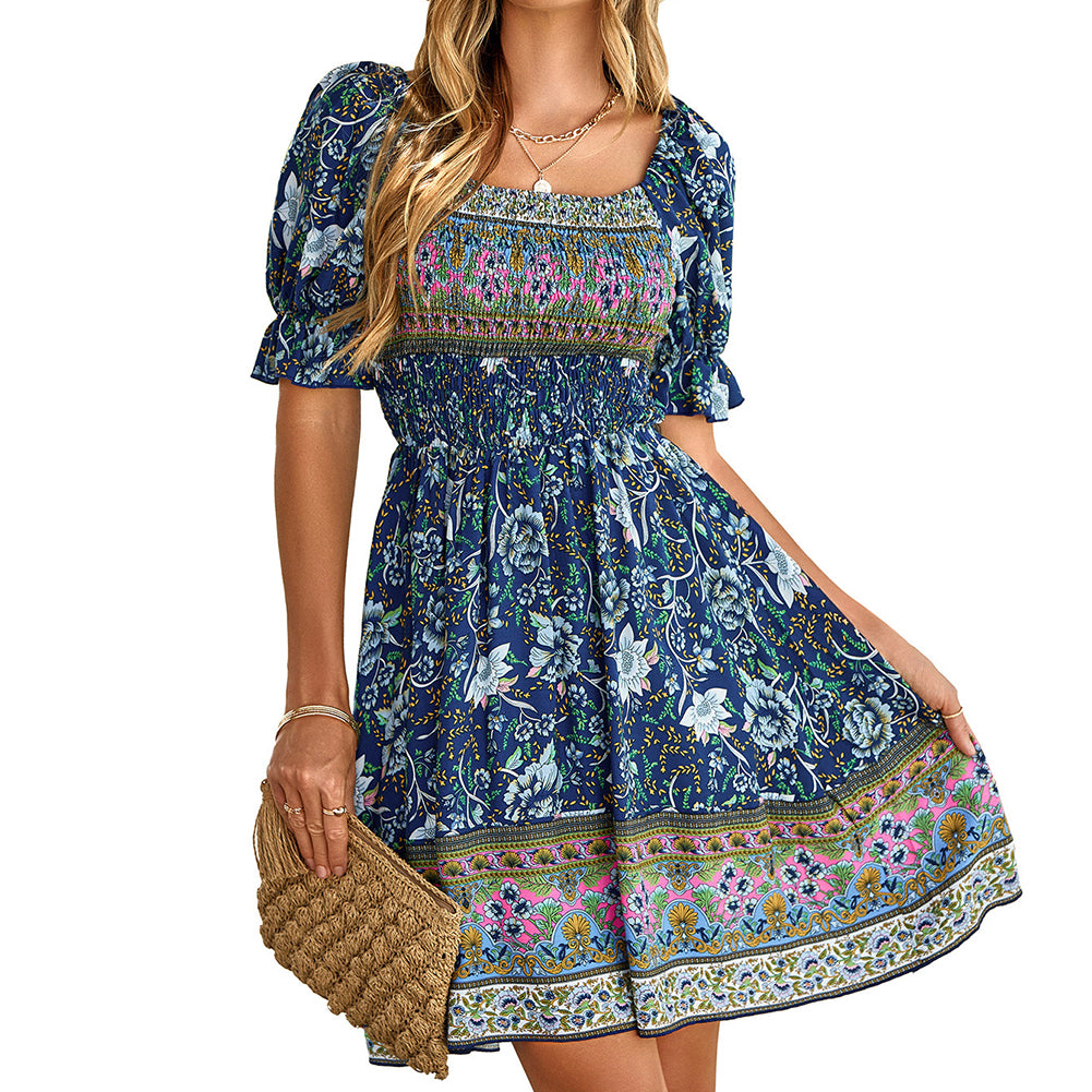 YESFASHION Casual Summer Bohemian Print Square Neck Dress