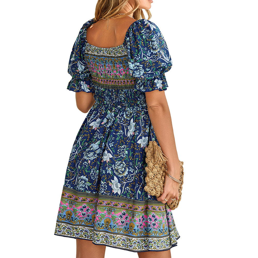 YESFASHION Casual Summer Bohemian Print Square Neck Dress