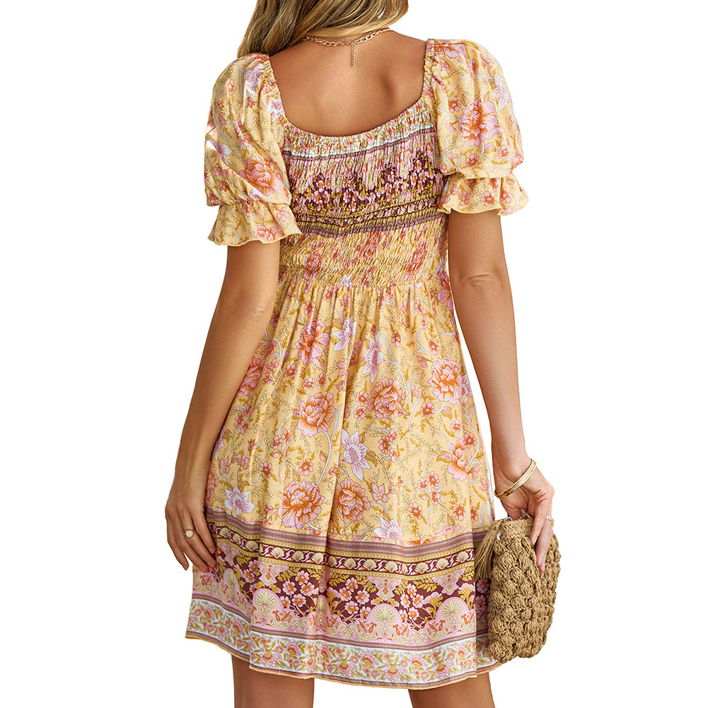 YESFASHION Casual Summer Bohemian Print Square Neck Dress