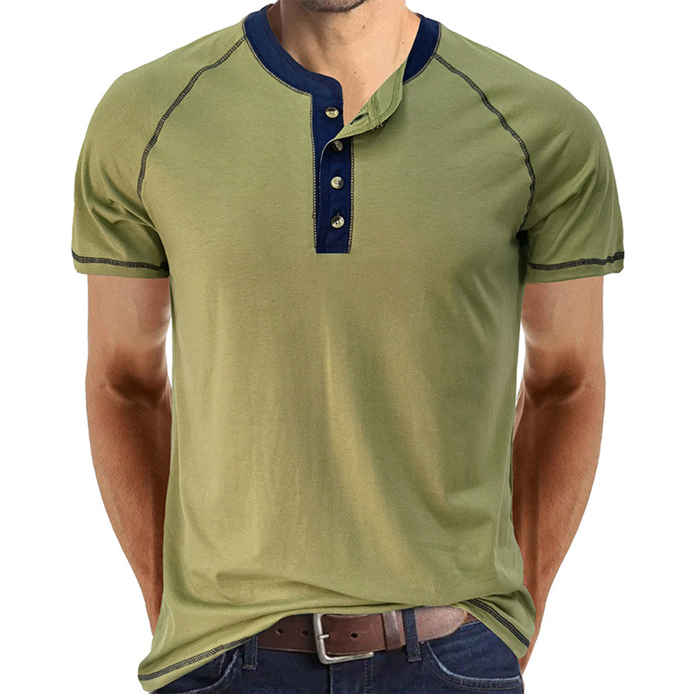 YESFASHION Men Shirt Henley Color Matching T-shirt