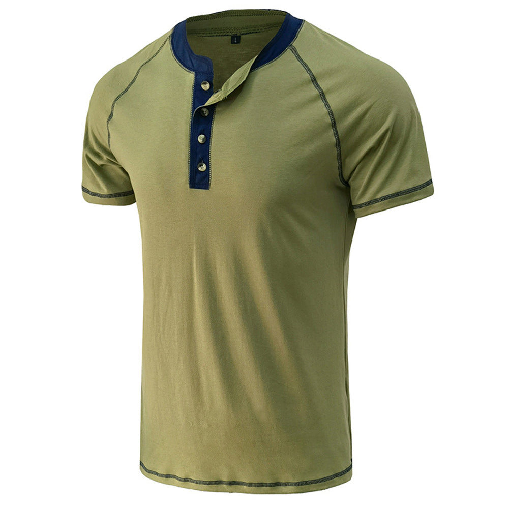 YESFASHION Men Shirt Henley Color Matching T-shirt