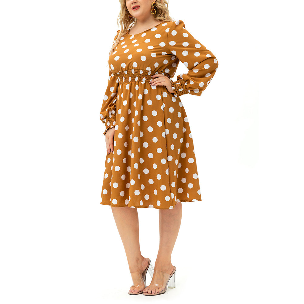 YESFASHION Women Long-sleeved Round Neck Waist Fit Polka-dot Dres