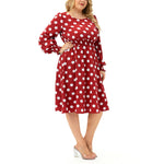 YESFASHION Women Long-sleeved Round Neck Waist Fit Polka-dot Dres