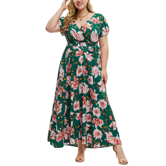 YESFASHION Plus Size Women Summer New Short-sleeved Printed Slit Dress