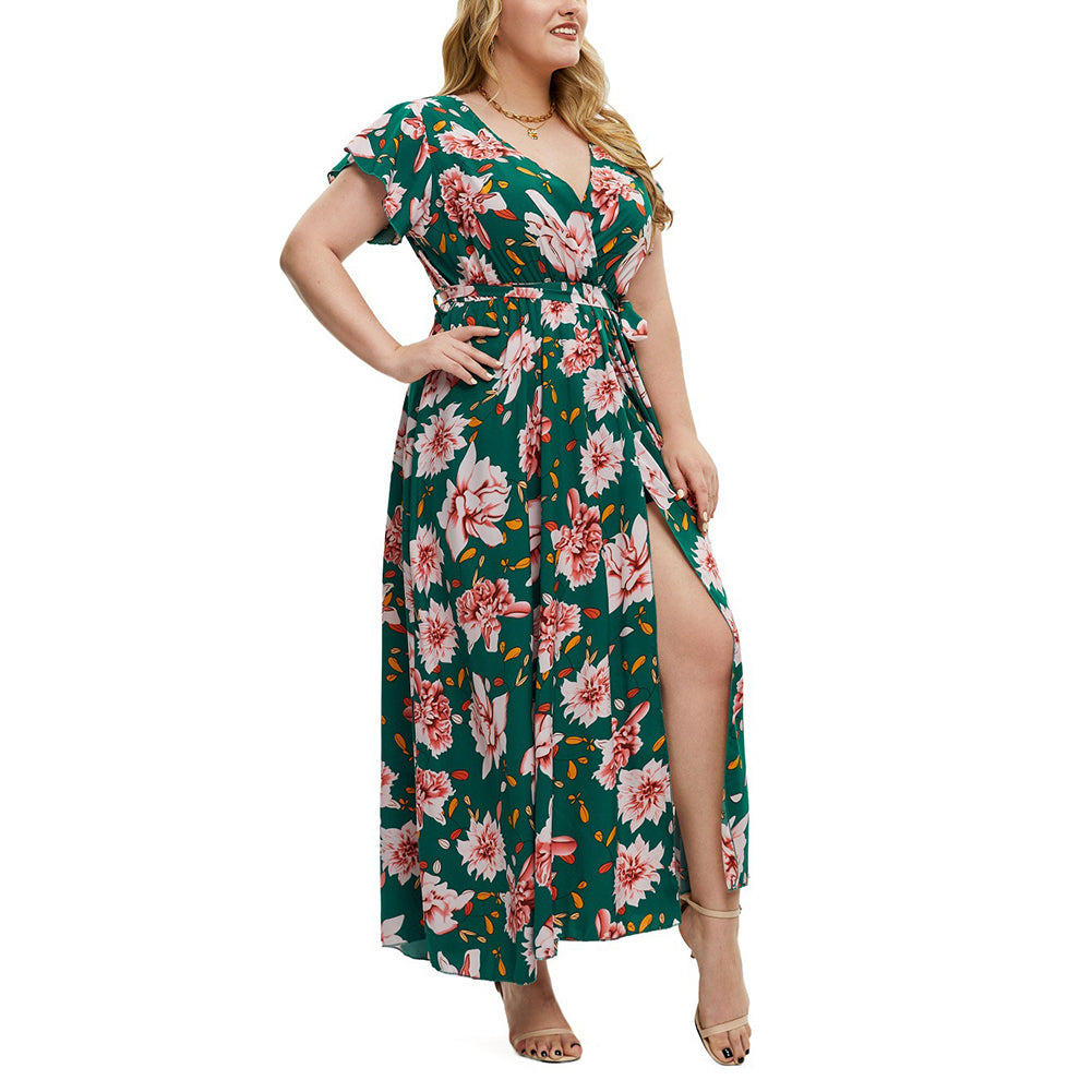 YESFASHION Plus Size Women Summer New Short-sleeved Printed Slit Dress
