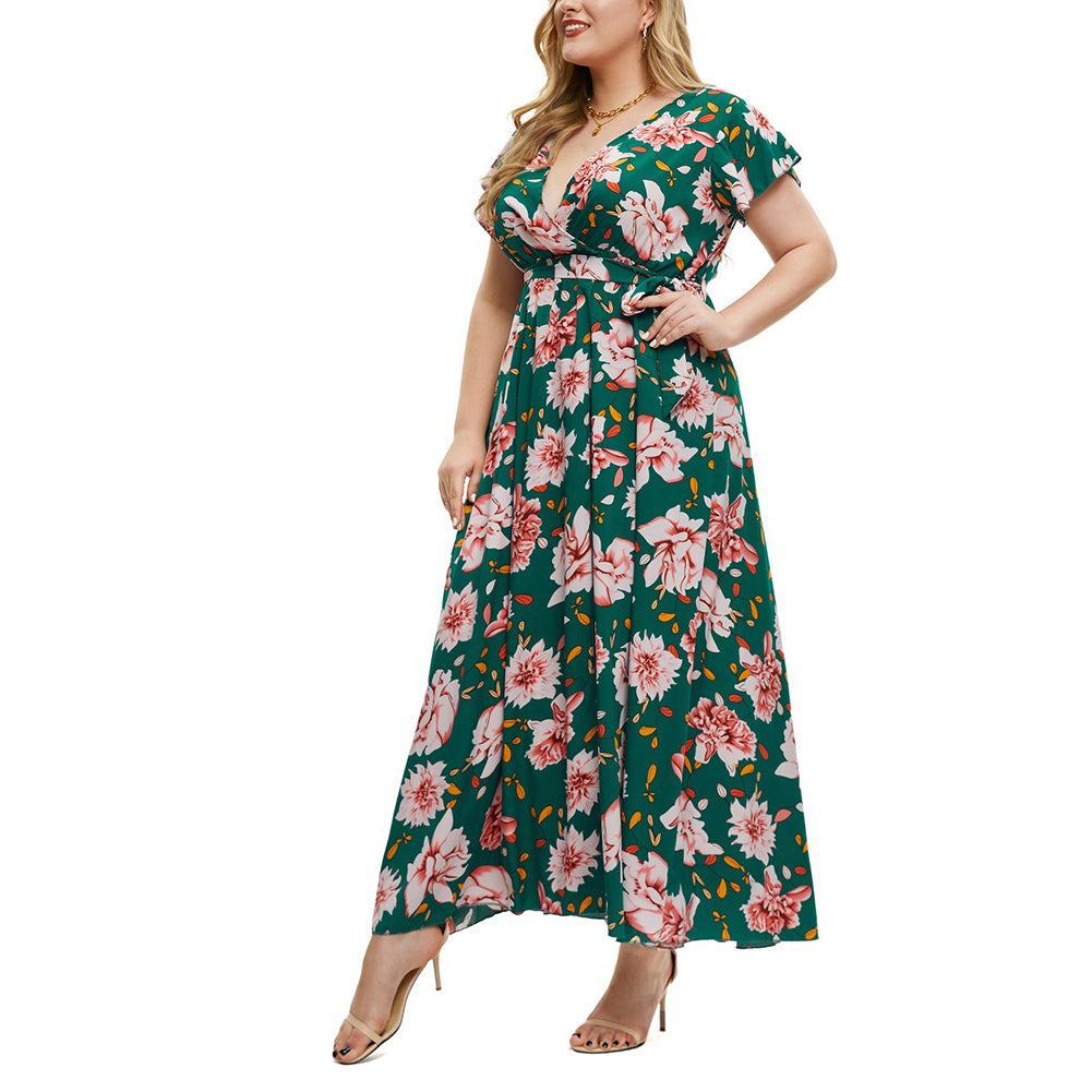 YESFASHION Plus Size Women Summer New Short-sleeved Printed Slit Dress