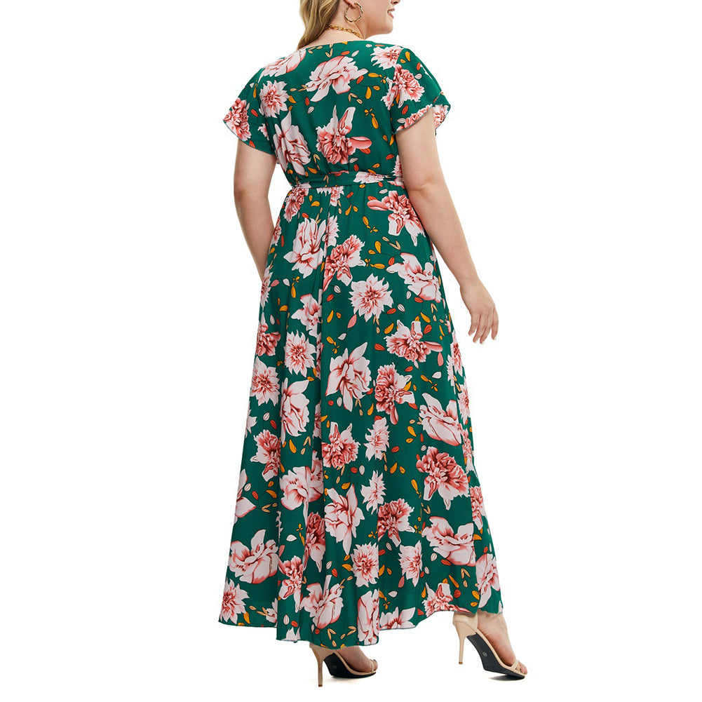 YESFASHION Plus Size Women Summer New Short-sleeved Printed Slit Dress