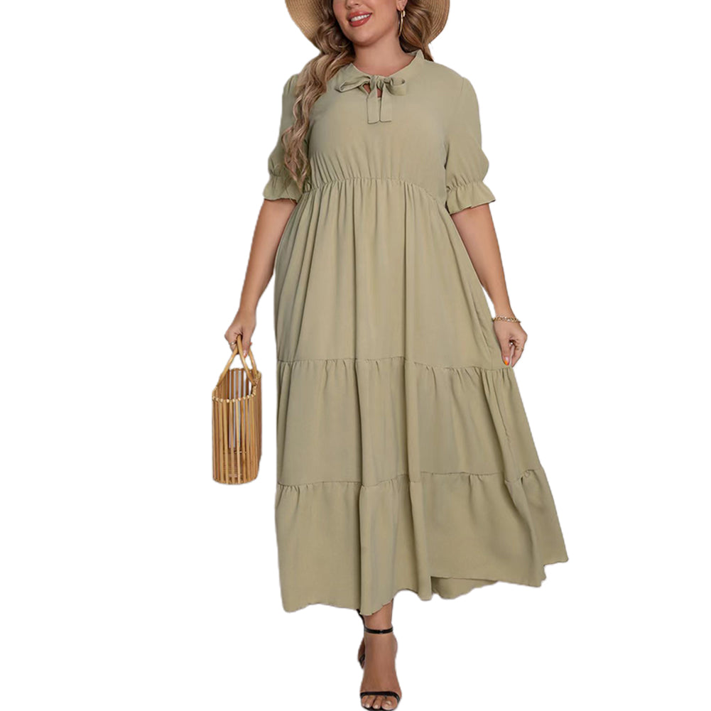 YESFASHION Plus Size Women Summer New Round Neck Short Sleeve Bow Dress